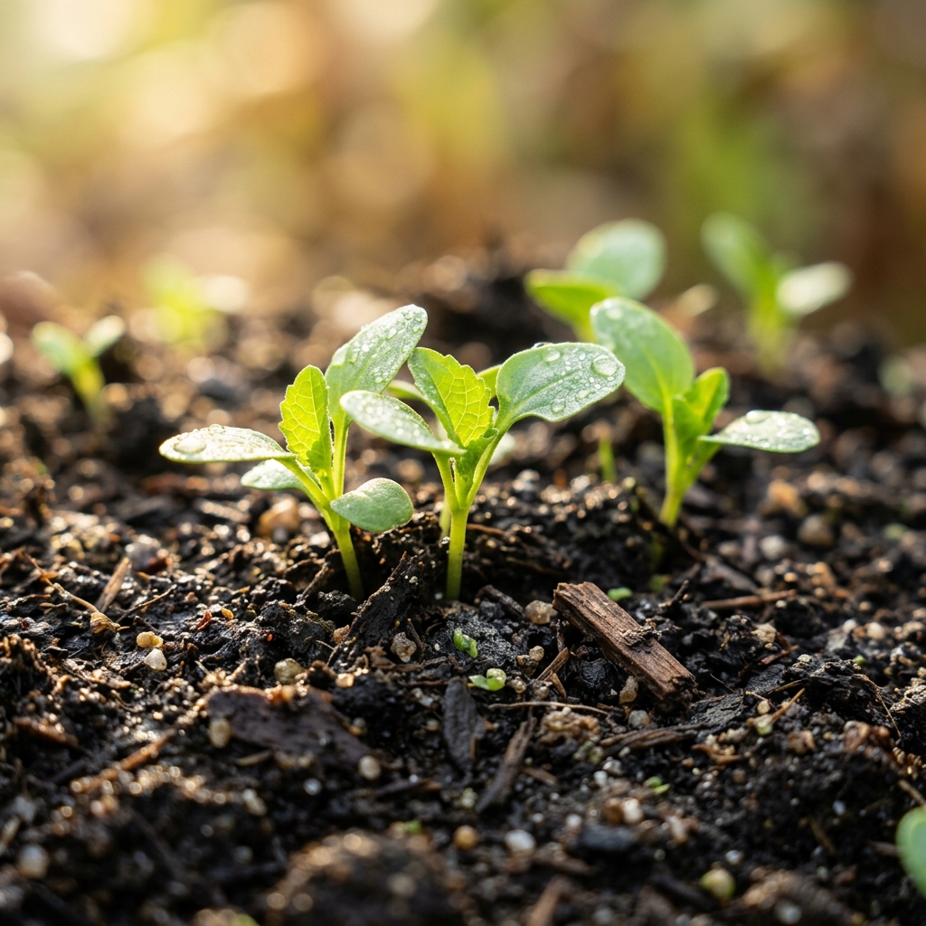 Healthy green sprouts growing in rich soil